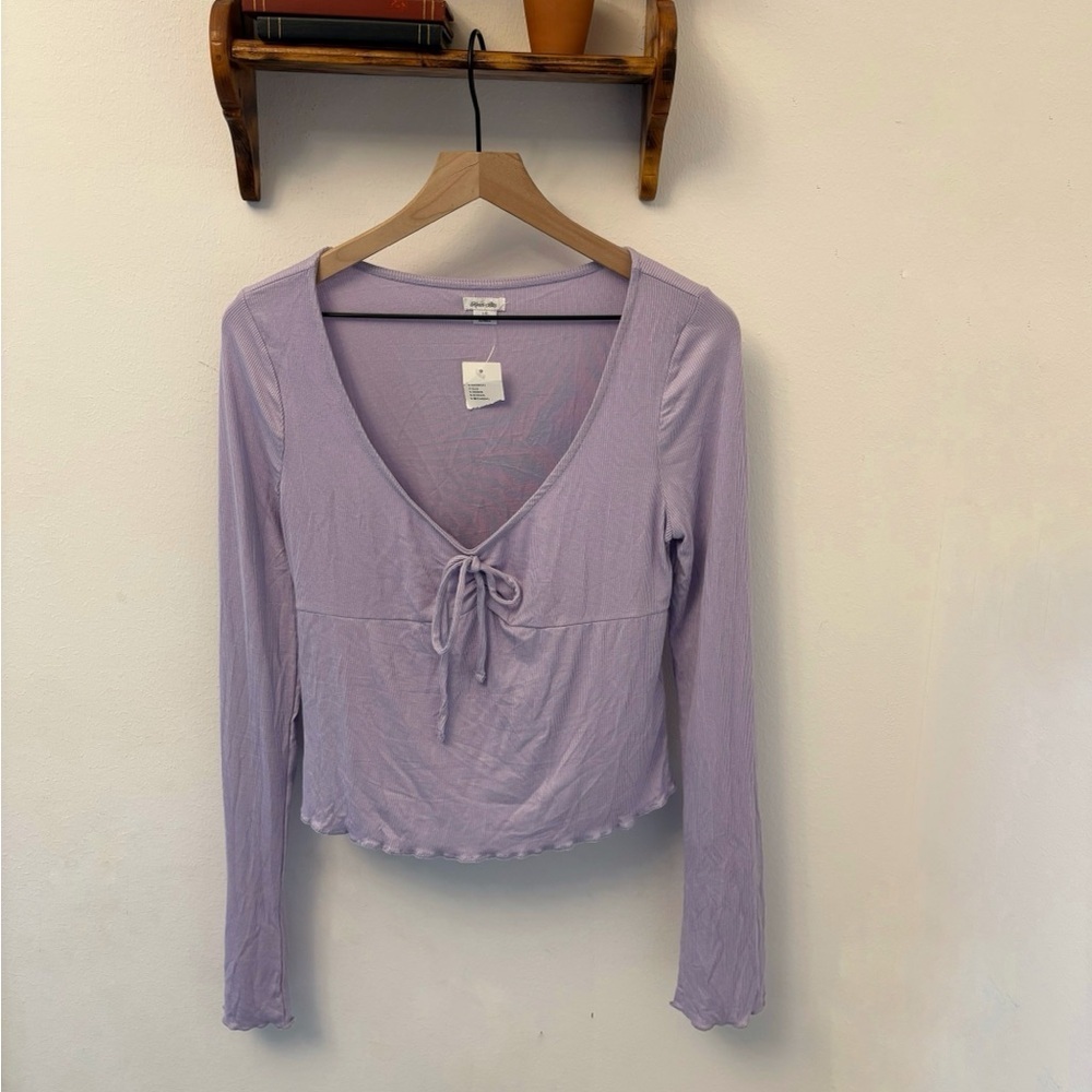 Kimchi Blue Quinn Ribbed Tie Front Top Lavender Long Sleeve Size Large NWOT